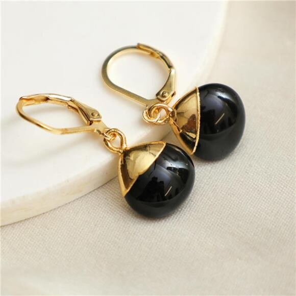 Black Obsidian Gemstone Earrings | Gold Plated Leverback Drops - Picture 5 of 6